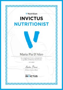 Diploma Invictus Nutritionist della dott.ssa Maria Pia D'Aleo, che attesta il completamento del corso Smart Nutrition e il conseguimento della qualifica.